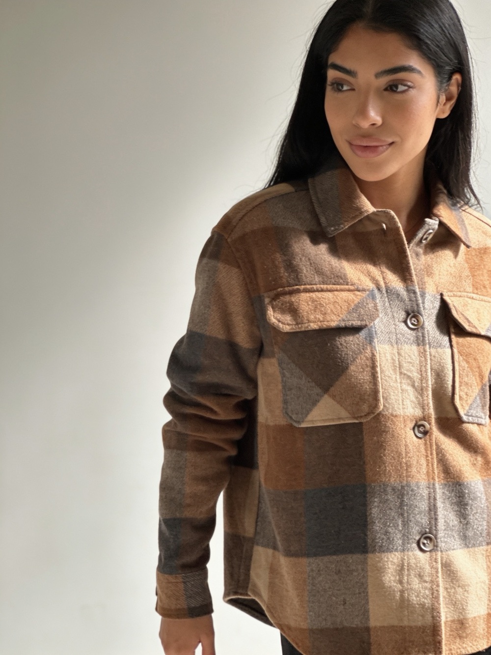 Plaid Utility Shacket Jacket in Brown